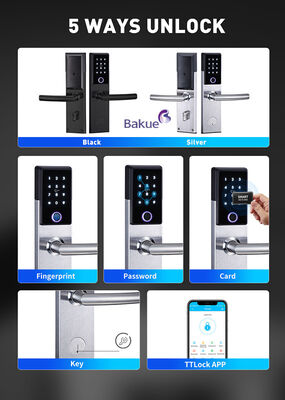 Bluetooth Fireproof Smart Door Lock Black Silver with Card Code Fingerprint APP WiFi Gross Weight 285Kg Secure Entry System