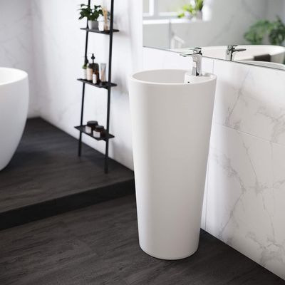 Glossy White Ceramic Pedestal Bathroom Sinks With Chrome Finish Overflow